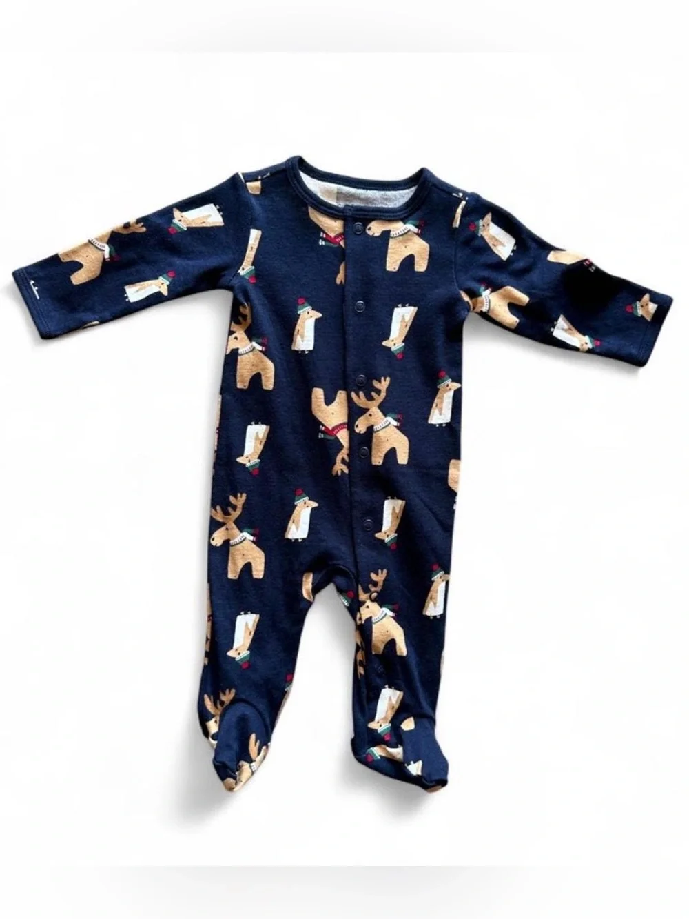 Carter's Navy Footed One-Piece with Reindeer & Polar Bear Pattern